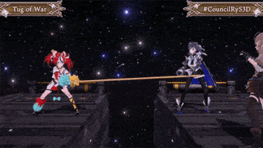 two anime girls are playing tug of war in a videogame