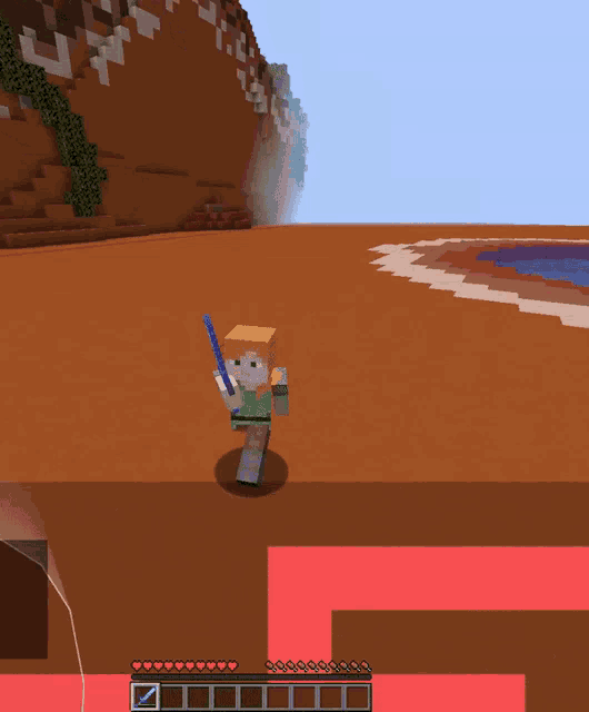a minecraft character is holding a sword in a desert