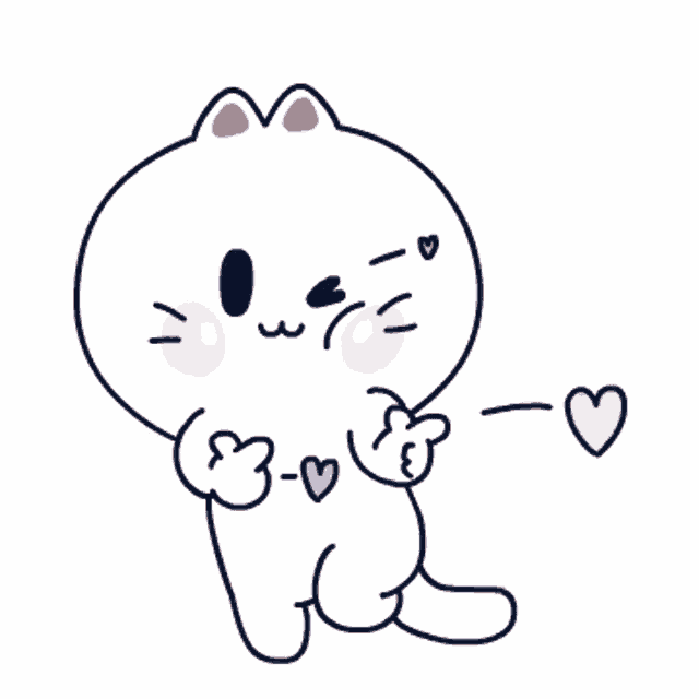 a cartoon drawing of a white cat with hearts on its face