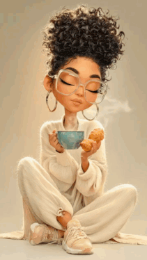 a cartoon girl with curly hair is holding a cup of coffee and a croissant