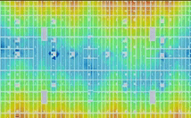 a computer screen shows a rainbow of colored squares with a blue square in the middle