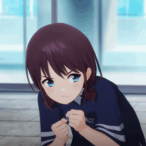 a girl with a blue shirt that says sk on the front