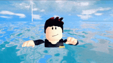 a roblox character is swimming in the ocean with a wind turbine in the background