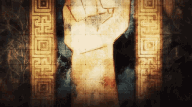 a drawing of a fist with a greek key pattern