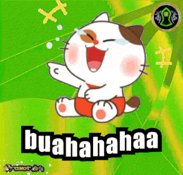 a cartoon cat is laughing with the words buahahaa on the bottom right