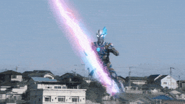 a cartoon character is holding a large sword in front of a residential area
