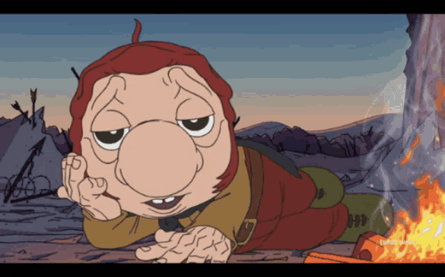 a cartoon character laying on the ground with a fire in the background and the words adult swim on the bottom