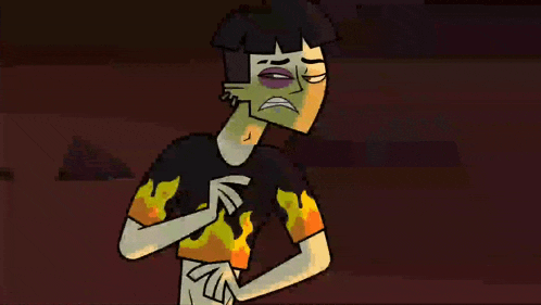 a cartoon character with flames on his shirt is holding his chest
