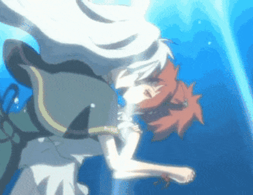 a girl with white hair is swimming in the water with another girl