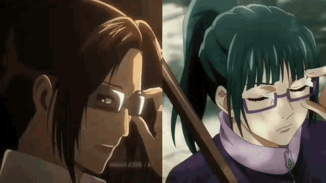 two anime characters are looking at something with glasses on .