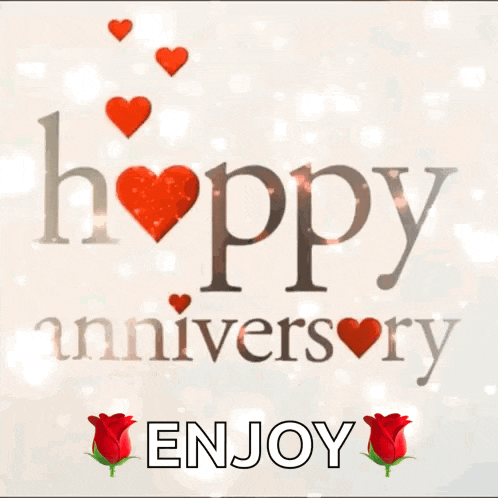 a happy anniversary greeting card with hearts and roses .