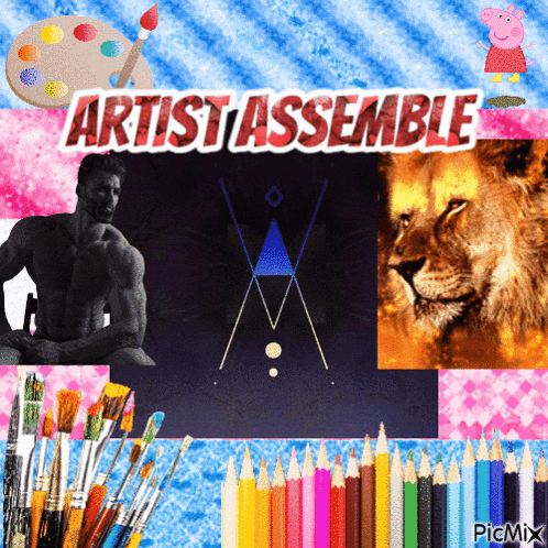 an artist assemble poster with a lion brushes and colored pencils