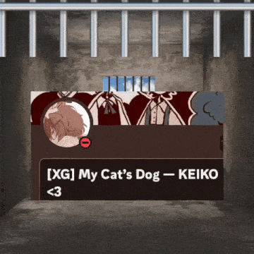 a sign that says ' xg ] my cat 's dog - keiko ' on it