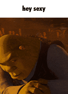 shrek from the movie shrek says hey sexy in front of a crowd
