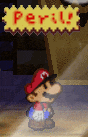 a pixel art of mario with a sign that says peril