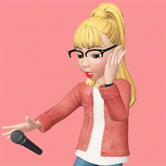 a cartoon girl wearing glasses and a red jacket singing into a microphone