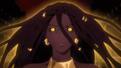 a drawing of a woman with dreadlocks and glowing yellow eyes