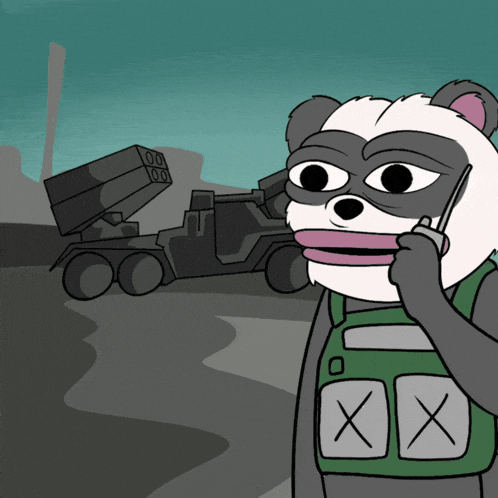a cartoon of a panda talking on a cell phone with a military vehicle in the background