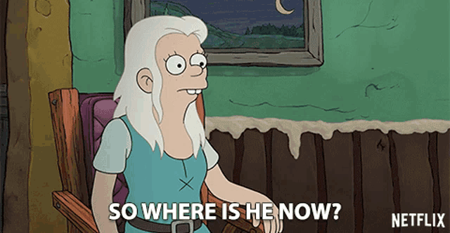 a cartoon character is sitting in a chair and asking where is he now
