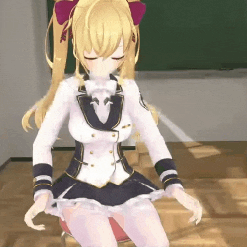 a 3d anime girl is sitting on a red chair with her eyes closed