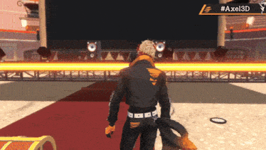 a man standing in front of a stage with #axel3d written on the bottom