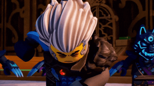 a lego figure with a gray haired head and a yellow face