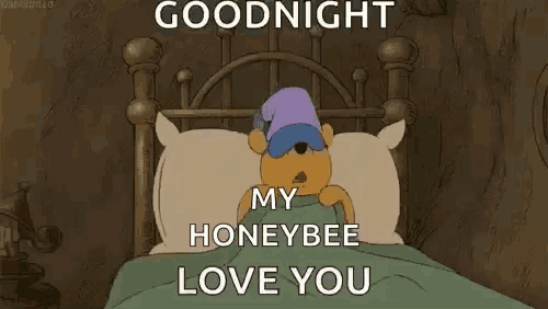 a cartoon of winnie the pooh laying in a bed with the words `` goodnight , my honeybee love you '' .