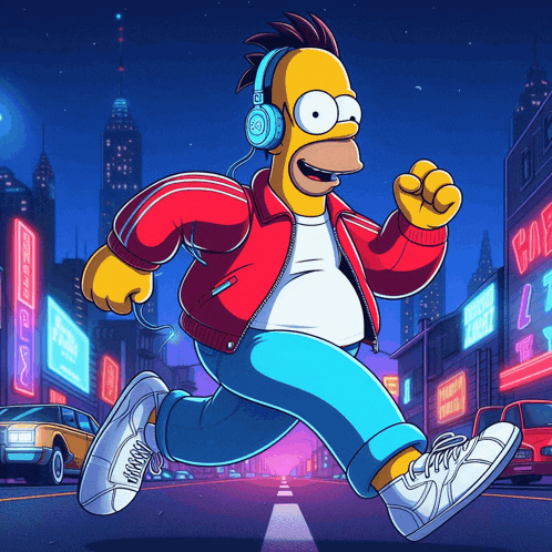 homer simpson wearing headphones is running down the street