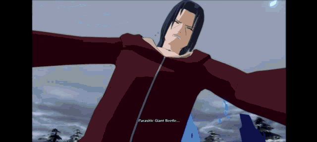 a screenshot of a video game shows a character named itachi in a red cloak