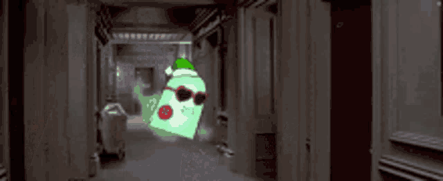 a cartoon ghost wearing sunglasses and a santa hat is walking down a hallway .