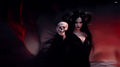 a woman with horns is holding a skull in her hands