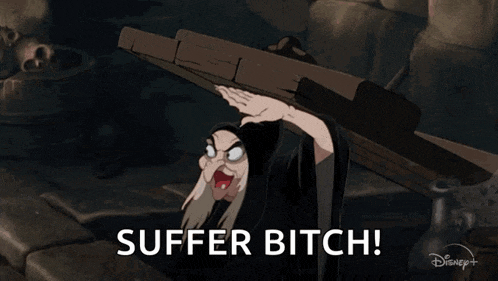 a cartoon character says suffer bitch while holding a sword
