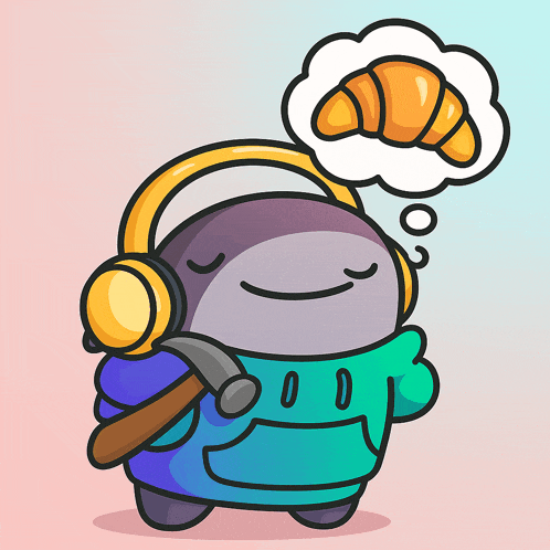 a cartoon character is wearing headphones and holding a hammer and a croissant in a thought bubble