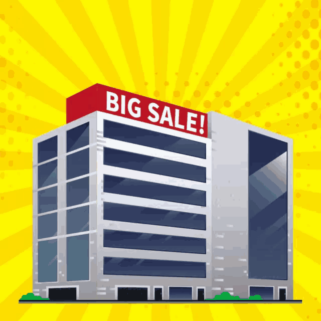 a building with a red sign that says big sale