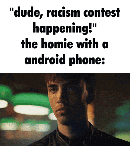 a picture of a man with the words " dude racism contest happening "