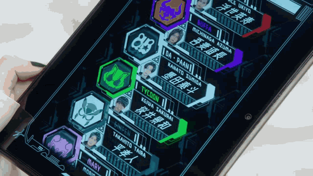 a person is holding a tablet with chinese characters on the screen including tycoon and mary