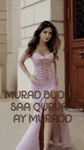 a woman in a purple dress with the words murad budu saa qurua ay muradd
