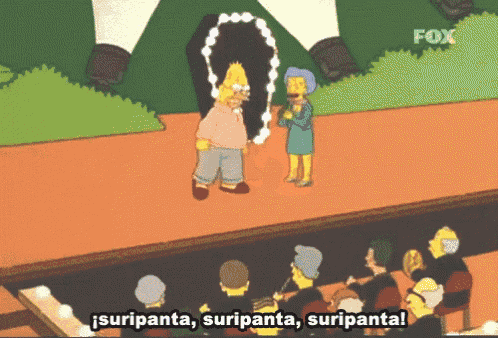 a fox cartoon shows homer simpson holding a necklace in front of a crowd