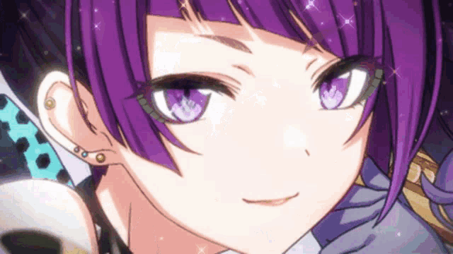 a close up of a girl with purple hair