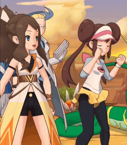 a group of cartoon characters are standing in a field with a man holding a gun