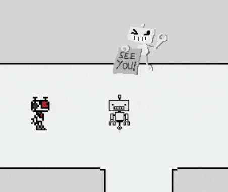 a pixel art drawing of a robot holding a sign that says " see you "