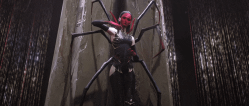 a woman in a spider costume is standing on a wall