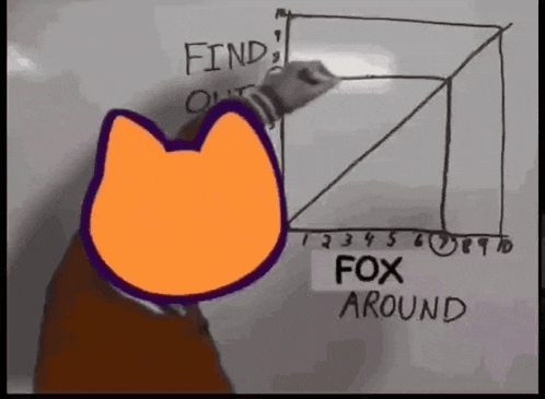 a cartoon cat is drawing a graph on a whiteboard with the words find out fox around