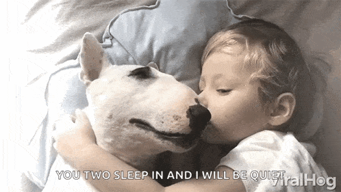 a little boy is laying on a bed with a dog and the words you two sleep in and i will be quiet
