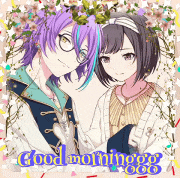 a couple of anime characters standing next to each other and the words good morning