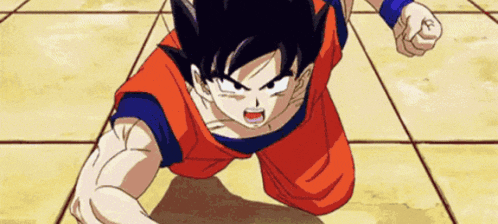 a cartoon character named goku is kneeling on the floor