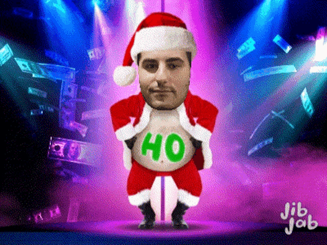 a man in a santa suit has the word ho on his chest