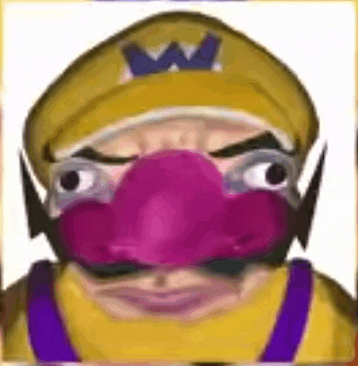 a close up of a cartoon character wearing a yellow hat and purple overalls .