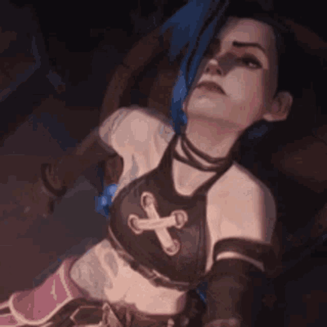 a woman with blue hair is laying on a bed in a video game .