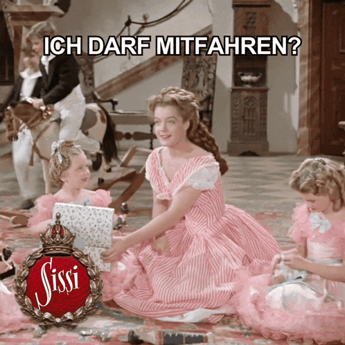 a poster for sissi shows a woman in a pink dress holding a gift